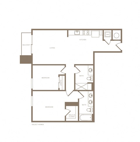 Floor plan for 2 beds, 2 baths, 1082 sqft